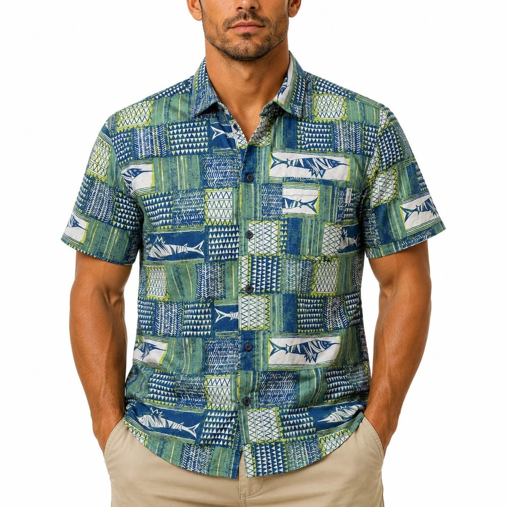 Columbia PFG Mens Medium Blue Green Fish Patchwork Print Fishing Shirt Short Slv